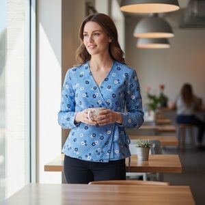 NWT Talbots Blue Floral Wrap Long Sleeve Blouse‎ Top Classic Feminine Twee